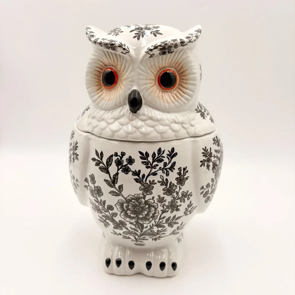 Spooky Street Owl Cookie Jar White Black Floral Toile Ceramic 78oz Halloween New